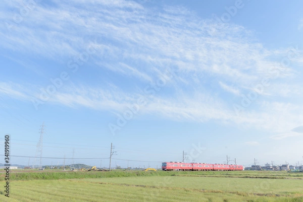 Obraz 赤い電車　青空の下