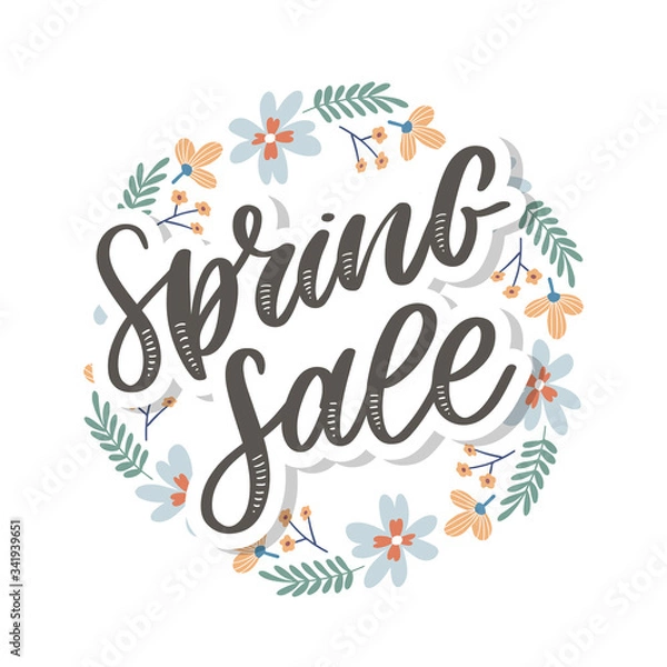 Fototapeta Spring Sale Word Hanging on Leaves with Strings. Vector Illustration flowers