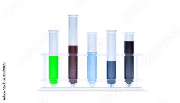 Fototapeta Colored liquids in five test tubes isolated on white background. Set of laboratory glassware. Science and medical glassware test tube, Chemical laboratory. 3d rendering