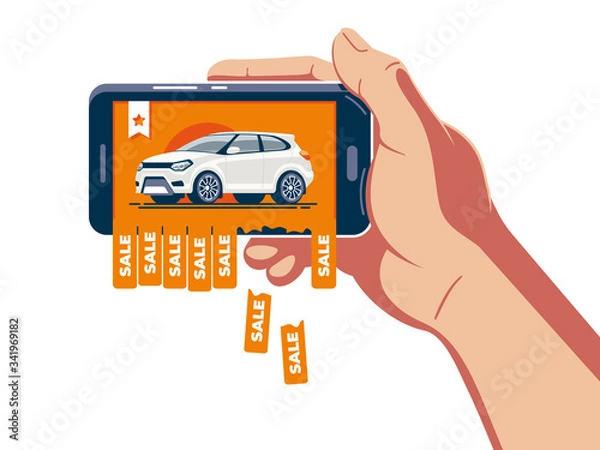 Obraz The announcement of the sale of the car is posted on the Internet and shown on the smartphone which holds the hand of a person.