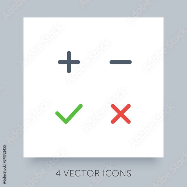 Fototapeta Flat icons simple collection for accepted - rejected, approved - disapproved, yes - no, right - wrong. Green, red and gray web symbols. Plus, minus, check mark and close buttons. Ux ui icons set.