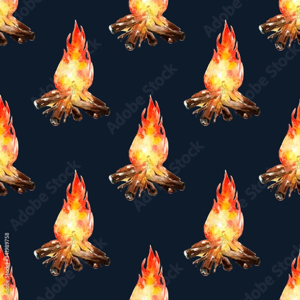 Fototapeta Hand drawn watercolor pattern with camp fire