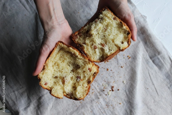 Obraz A broken cake with raisins in the hands of a girl. Homemade cake. Concept of homework during the quarantine period.