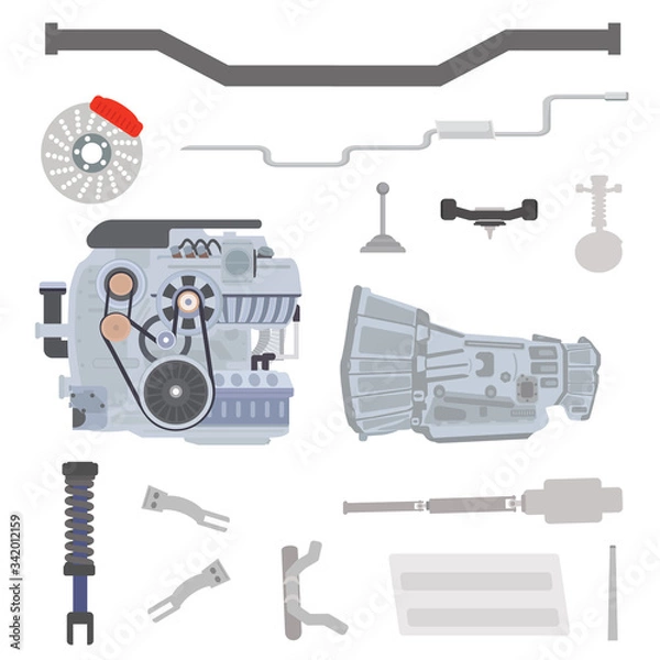Obraz Set of car chassis parts with internal combustion engine and transmission systems parts. Flat vector illustration isolated on white background.