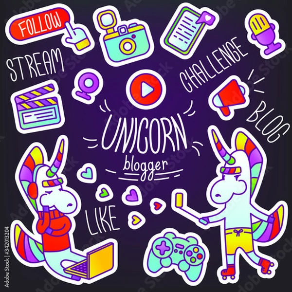 Obraz Vector set of stickers with a unicorn blogger. Creative illustrations of online opinion leaders. Recruitment of subscribers, becoming popular, publishing videos or posts on social networks. 