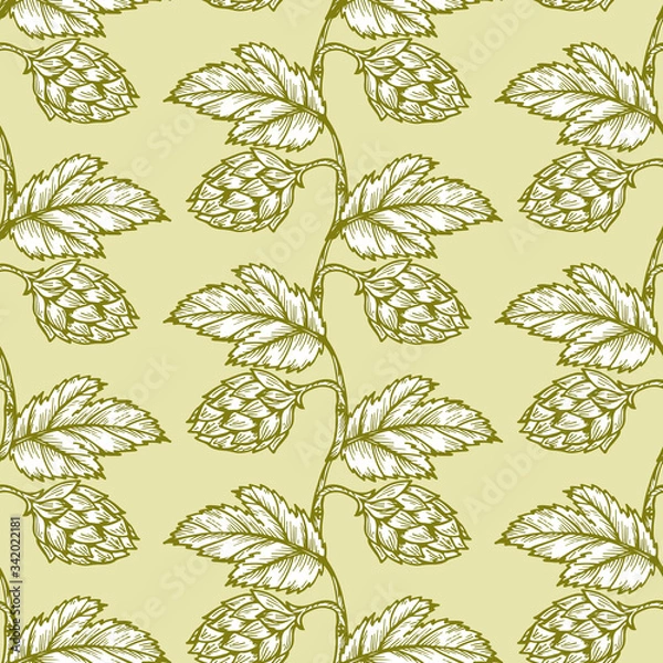 Fototapeta Hand drawn engraving style Hops Seamless pattern. Common hop or Humulus lupulus branch with leaves and cones. Vector Green Floral background
