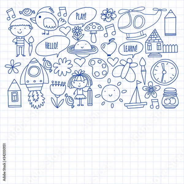 Fototapeta Online education for toddlers. Lessons for children in internet. Vector pattern for kindergarten banners, posters with moon, planet, spaceship, rocket, sun, fruits, house, flowers.