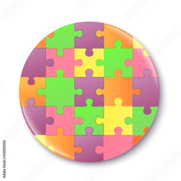 Fototapeta Badge or pin with puzzle pattern mockup, realistic vector illustration isolated.