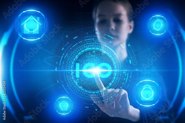 Fototapeta Business, Technology, Internet and network concept. Young businessman working on a virtual screen of the future and sees the inscription: ICO