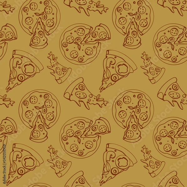 Fototapeta Pizza seamless doodle sketch pattren on a yellow background. Print for banners, wrapping paper, posters, cards, invitations, fabrics, cafes, menus, restaurants, web design.