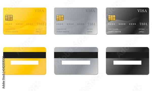 Fototapeta Realistic detailed credit cards set with colorful abstract design. Golden credit card. Silver credit card. Vector illustration.