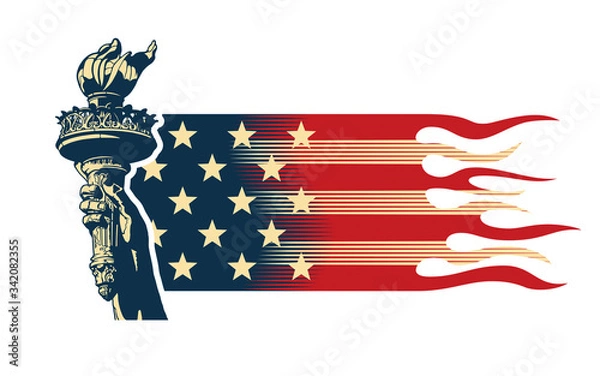 Obraz USA patriotic concept with statue of Liberty torch and American flag elements, vector illustration in retro style colors.