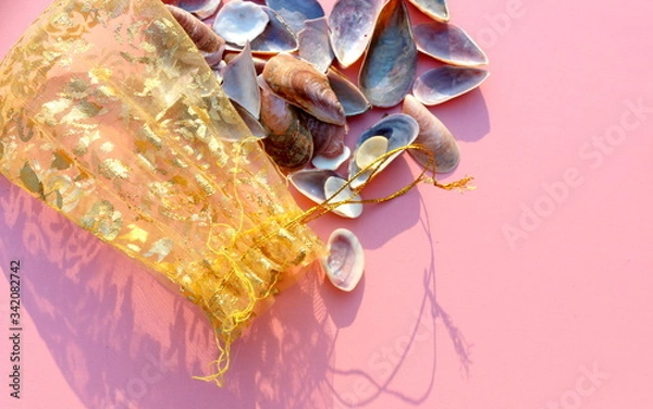 Fototapeta A closeup photo of sea shells and a golden bag to store them.
