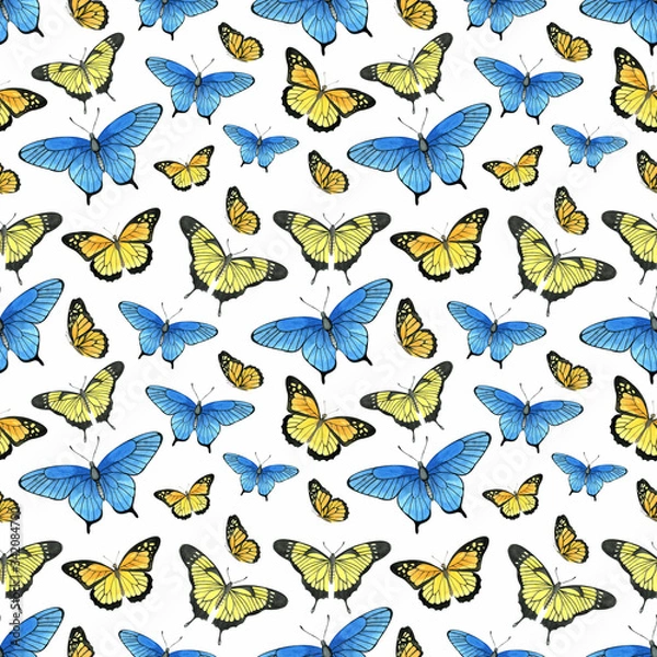 Fototapeta Watercolor seamless pattern with hand painted watercolor butterflies  in bright colors. Romantic floral background perfect for wedding invitation, paper or scrap booking. 