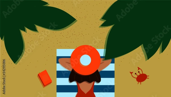 Obraz girl with a hat on a beach towel with green leaves next to a book and a crab 