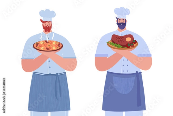 Fototapeta Two cooks. The first cook holds hot pizza. The second cook holds a steak. Vector illustration.
