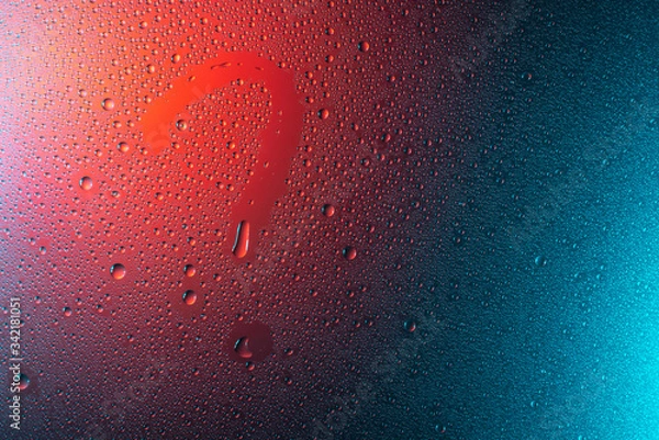 Fototapeta question mark symbol in neon light background drops trend 2020 color Aqua menthe classic blue Lush lava, Flat lay top view copy space