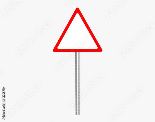 Fototapeta Empty triangle traffic sign with metal pillar. Isolated on white. Clipping path. 3D Rendering.