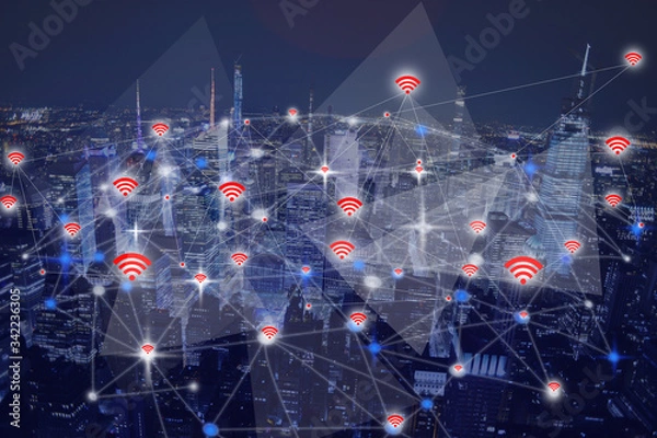 Fototapeta Wireless network impact in a city abstract concept with skyscrapers and lots of connections ranges across buildings