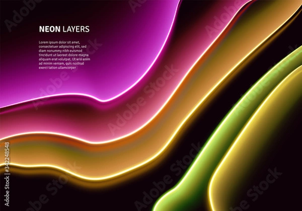 Fototapeta Neon glass layers stacked with reflections for 80s or 90s styled abstract background in synthwave, retrowave or cyberpunk shiny neon style