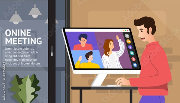 Fototapeta Illustrations flat design concept video conference. online meeting work form home. Vector illustrate.
