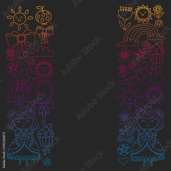 Fototapeta Vector pattern for little girls. Princess illustration for happy birthday party. Blackboard chalk illustration