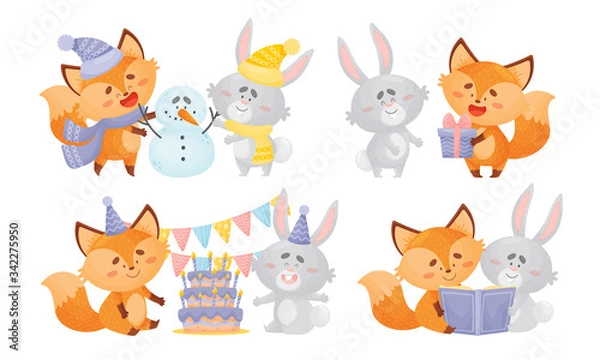 Fototapeta Humanized Fox and Hare Engaged in Different Activities Vector Set