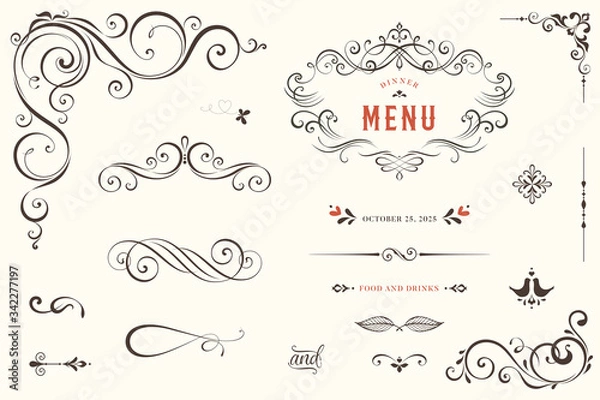 Fototapeta Wektor zestaw ozdobnych kaligraficznych elementów vintage, przekładek i dekoracji strony.