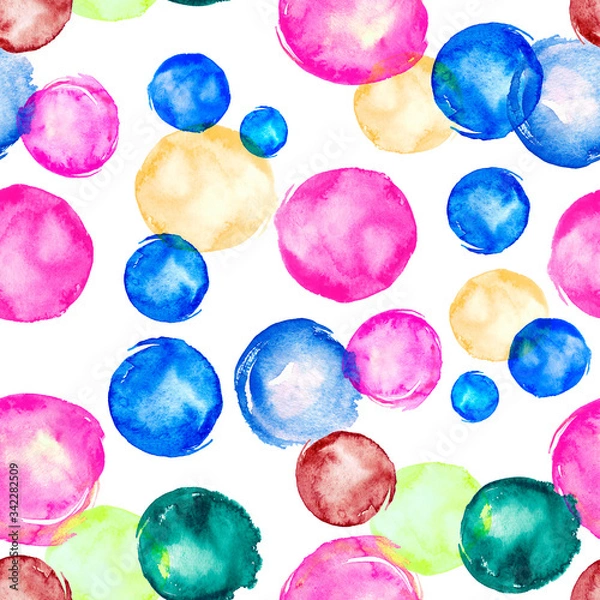 Fototapeta Watercolor background. Colorful spot, cracker, balls, soap bubbles. Beautiful abstract background. round abstract spot. For fabric, cover, packaging, material, wallpaper, scarf. Watercolor splash