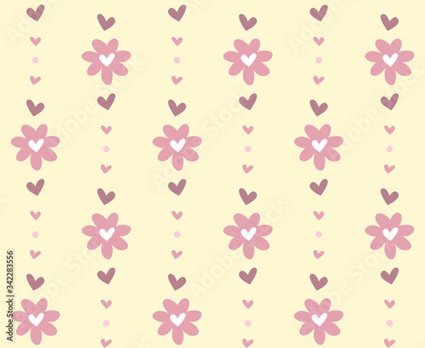 Fototapeta Floral seamless ornament with hearts in cute retro style. Hand drawn vector illustration for web and print, wallpaper, background, scrapbooking and wrapping paper, textile.