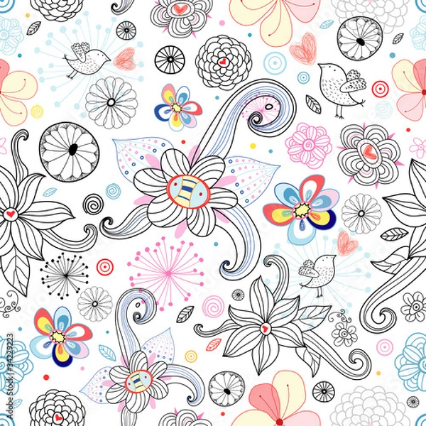 Fototapeta Flower texture with birds and hearts