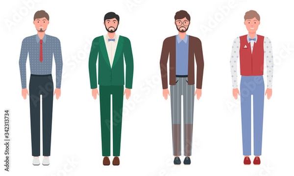 Fototapeta Set of handsome young men in classic elegant clothes and suits.Vector illustration in flat cartoon style