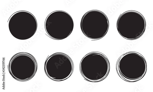 Fototapeta Hand drawn circle line. Doodle circular design elements. Art round scribble. Set of black circles on a white background.