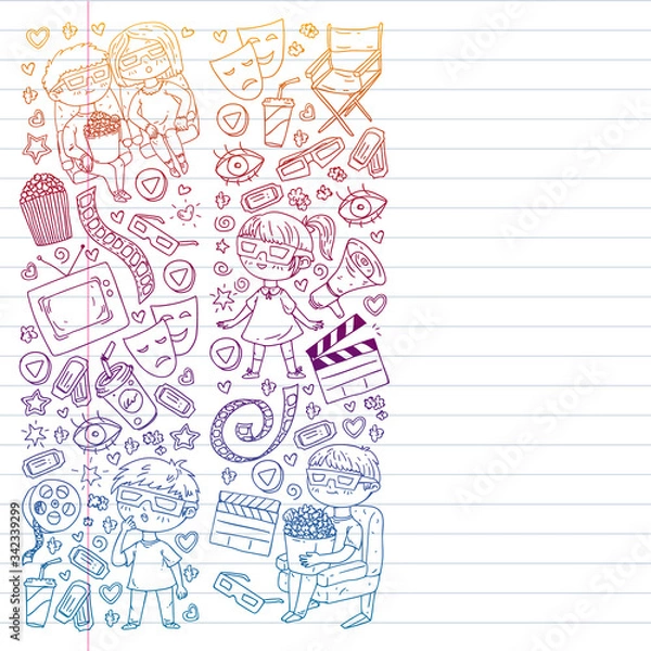 Fototapeta Cinema pattern with vector icons for wrapping paper, posters, banners, leaflets. 3d movie, tv, musical.