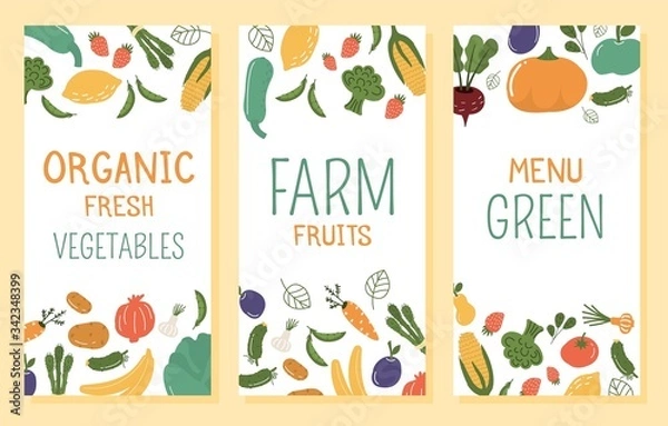 Fototapeta Fruits and vegetables banner vector illustration.