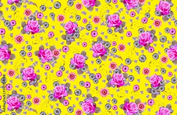 Fototapeta Illustration with seamless pattern floral design. Beautiful seamless pattern on colored background with tropical flowers and plants. Composition with flowers and leaves. Stylish print for textile.