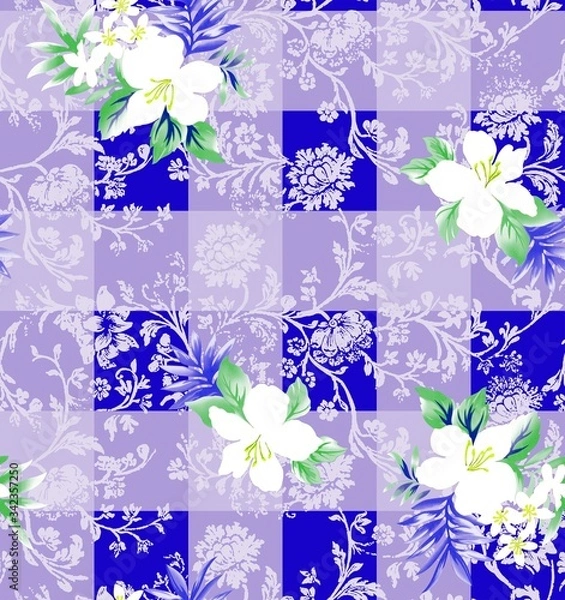 Fototapeta Illustration with seamless pattern floral design. Beautiful seamless pattern on colored background with tropical flowers and plants. Composition with flowers and leaves. Stylish print for textile.