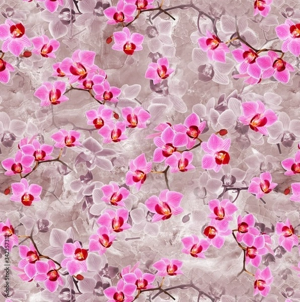 Fototapeta Illustration with seamless pattern floral design. Beautiful seamless pattern on colored background with tropical flowers and plants. Composition with flowers and leaves. Stylish print for textile.