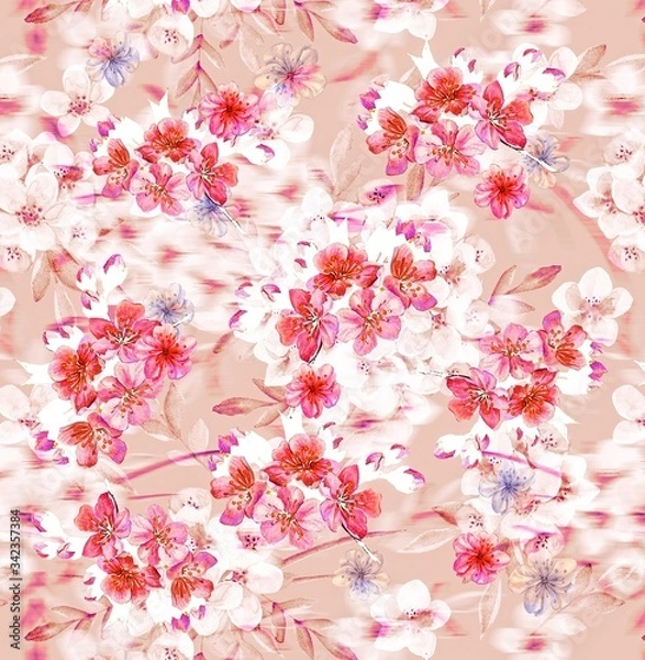 Fototapeta Illustration with seamless pattern floral design. Beautiful seamless pattern on colored background with tropical flowers and plants. Composition with flowers and leaves. Stylish print for textile.