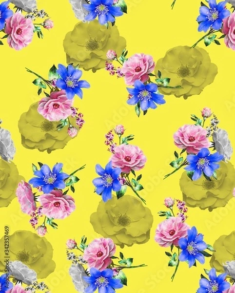 Fototapeta Illustration with seamless pattern floral design. Beautiful seamless pattern on colored background with tropical flowers and plants. Composition with flowers and leaves. Stylish print for textile.