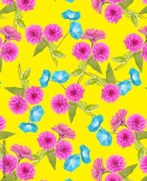 Fototapeta Illustration with seamless pattern floral design. Beautiful seamless pattern on colored background with tropical flowers and plants. Composition with flowers and leaves. Stylish print for textile.