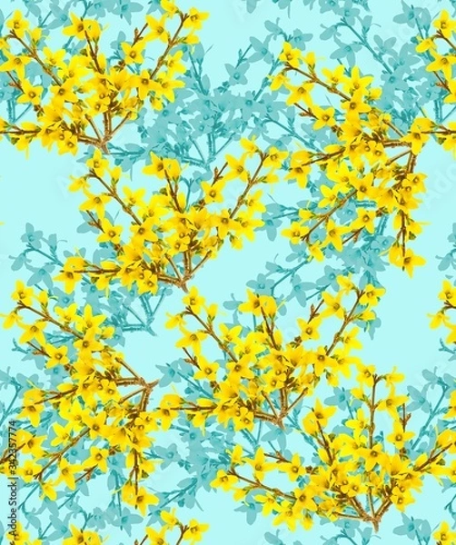 Fototapeta Illustration with seamless pattern floral design. Beautiful seamless pattern on colored background with tropical flowers and plants. Composition with flowers and leaves. Stylish print for textile.