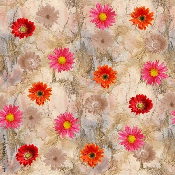 Fototapeta Illustration with seamless pattern floral design. Beautiful seamless pattern on colored background with tropical flowers and plants. Composition with flowers and leaves. Stylish print for textile.