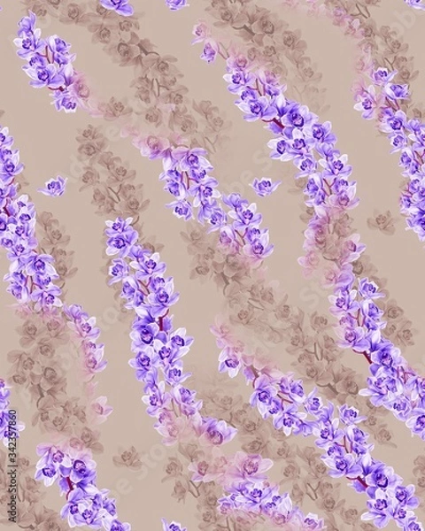 Fototapeta Illustration with seamless pattern floral design. Beautiful seamless pattern on colored background with tropical flowers and plants. Composition with flowers and leaves. Stylish print for textile.