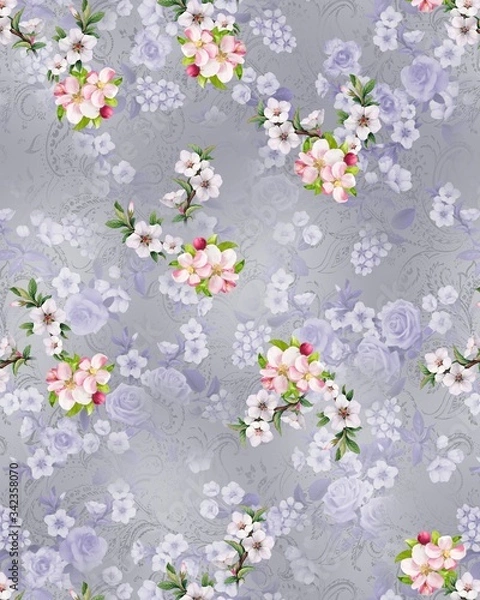 Fototapeta Illustration with seamless pattern floral design. Beautiful seamless pattern on colored background with tropical flowers and plants. Composition with flowers and leaves. Stylish print for textile.