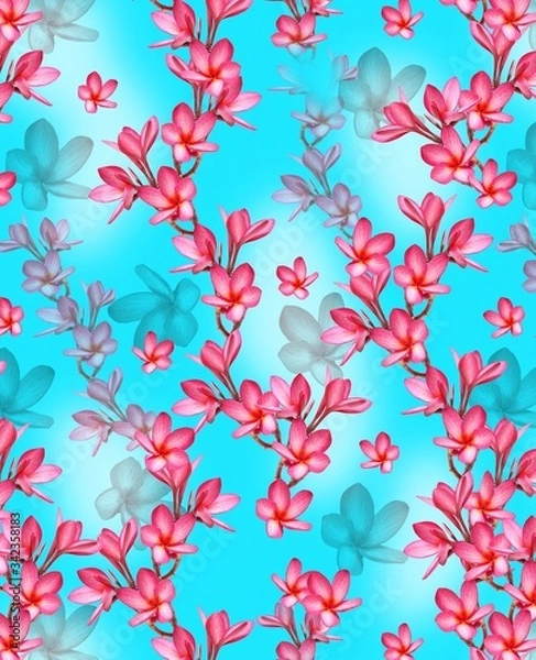 Fototapeta Illustration with seamless pattern floral design. Beautiful seamless pattern on colored background with tropical flowers and plants. Composition with flowers and leaves. Stylish print for textile.