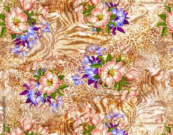 Fototapeta Illustration with seamless pattern floral design. Beautiful seamless pattern on colored background with tropical flowers and plants. Composition with flowers and leaves. Stylish print for textile.