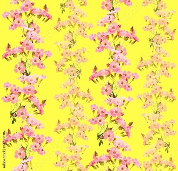 Fototapeta Illustration with seamless pattern floral design. Beautiful seamless pattern on colored background with tropical flowers and plants. Composition with flowers and leaves. Stylish print for textile.