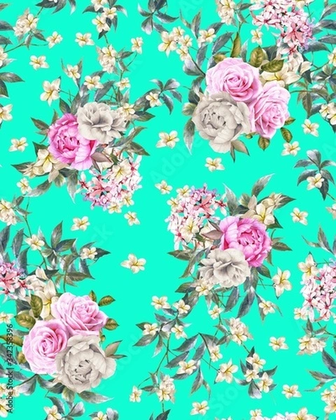 Fototapeta Illustration with seamless pattern floral design. Beautiful seamless pattern on colored background with tropical flowers and plants. Composition with flowers and leaves. Stylish print for textile.