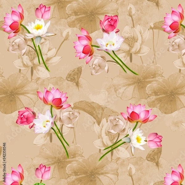 Fototapeta Illustration with seamless pattern floral design. Beautiful seamless pattern on colored background with tropical flowers and plants. Composition with flowers and leaves. Stylish print for textile.